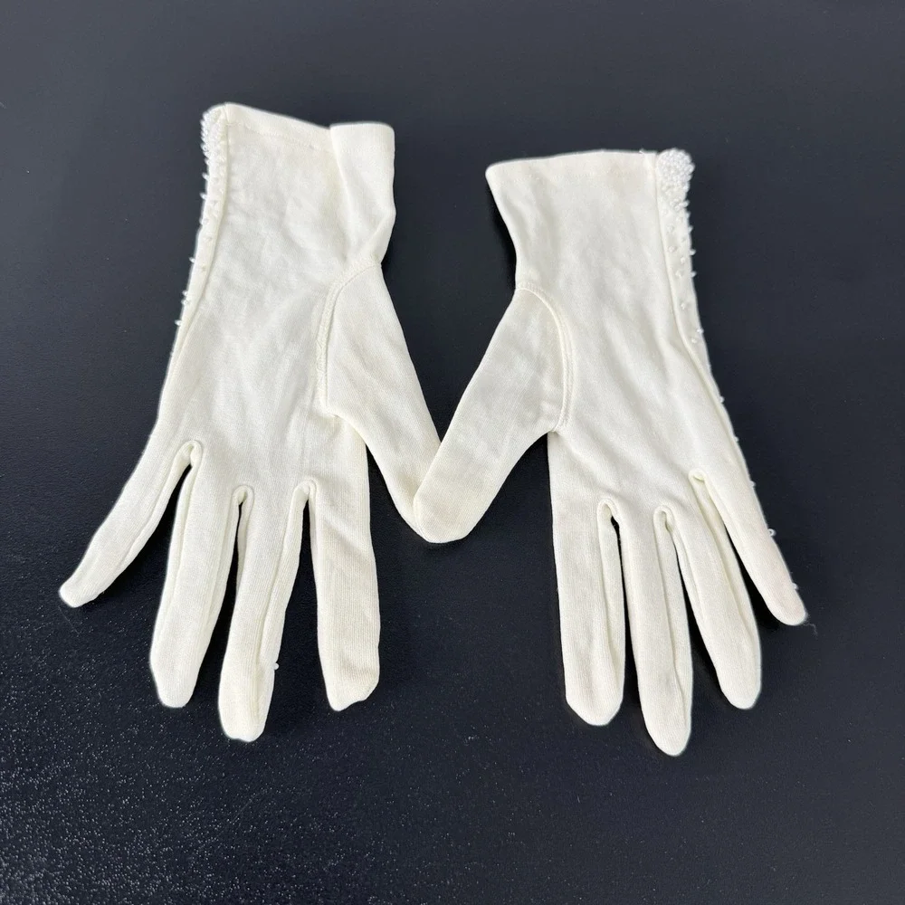 Vintage Ivory Beaded Faux Pearl Stretch Gloves Bridal Wedding Formal One Size